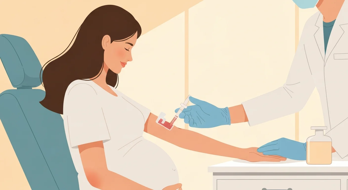 Pregnant person giving a blood sample in a calm clinic for prenatal screening